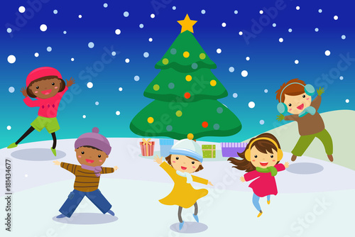 Illustration of group of children and Christmas tree