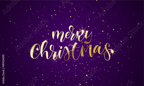 Merry Christmas greeting card of gold glitter confetti or sparkling fireworks on premium luxury blue background. Vector golden calligraphy lettering design for New Year or Christmas holiday quote text