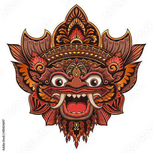 Traditional ritual Balinese mask. Vector outline illustration for coloring book isolated.