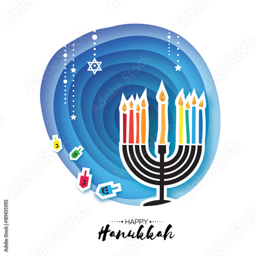 Origami Happy Hanukkah. Greeting card for the Jewish holiday. Menorah traditional candelabra and burning candles Hanukkah dreidel with letters of the Hebrew alphabet. Star of David. Paper cut style.
