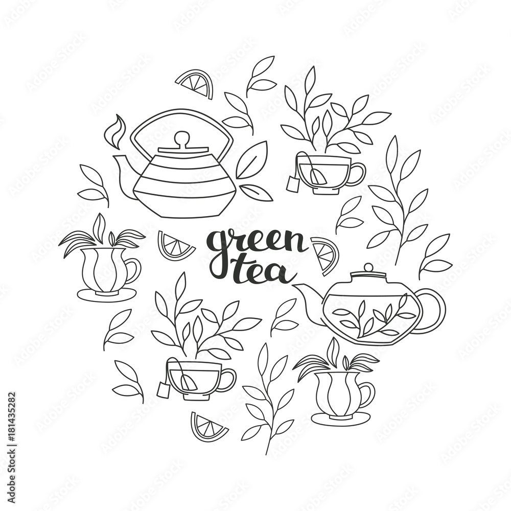 Set of Hand Lettering and Tea Accessories: Cup, Teapot and Leaves in Doodle Style.