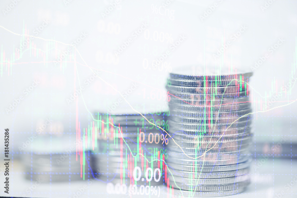 Obraz premium Double exposure of stacks of coins and credit card with candle stick graph chart, indicator, price of stock market or stock exchange trading, business investment concept.