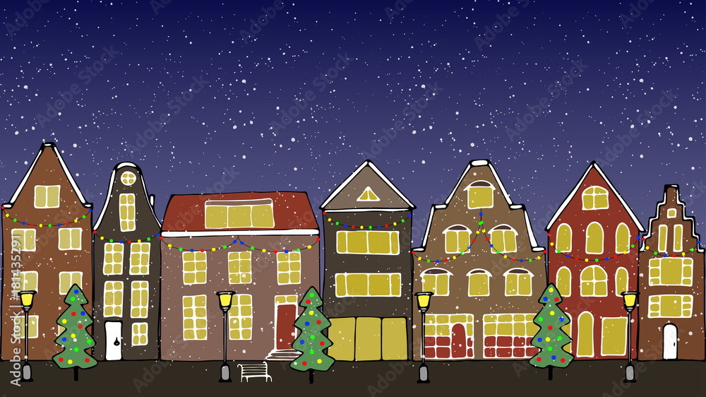 Vector illustration. Evening city on Christmas day. House, Christmas trees, benches and lampposts.