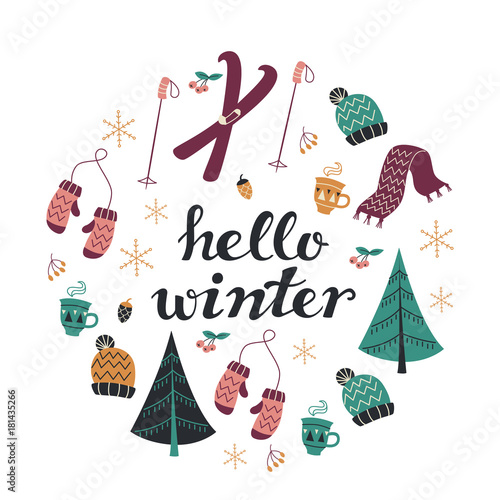 Hello Winter Text and Winter Background with Hand Drawn Winter Elements.