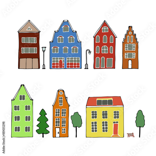 Vector illustration. Set for the manufacture of a town: houses, trees, a bench and lampposts.