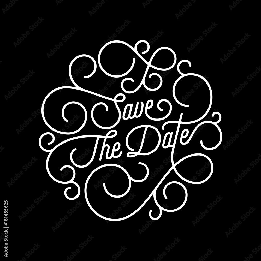 Save the Date flourish calligraphy lettering of swash line typography for wedding invitation card design. Vector festive ornamental wedding Save Date quote text of swirl pattern on black background Save the Date flourish calligraphy lettering of swash line typography for wedding invitation card design. Vector festive ornamental wedding Save Date quote text of swirl pattern on black background