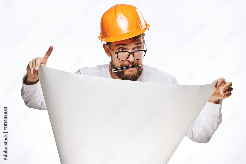 Engineer on white isolated background, builder, keeps drawing, overworked Engineer on white isolated background, builder, keeps drawing, overworked