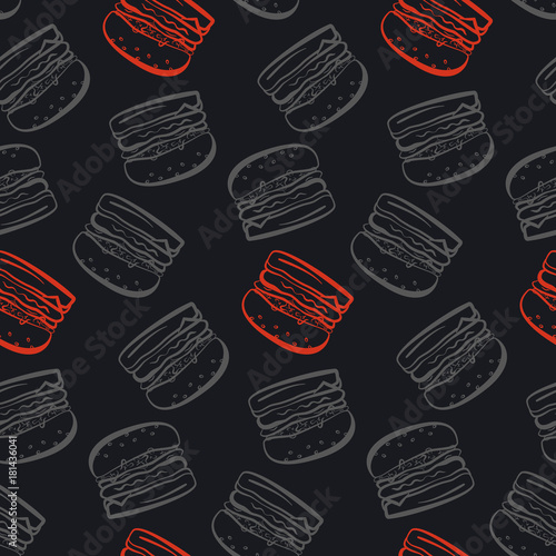 Seamless pattern with gray and red burgers on black background. Dark texture with outline hamburgers for fast food banner, textile, wrapping paper, package, cover