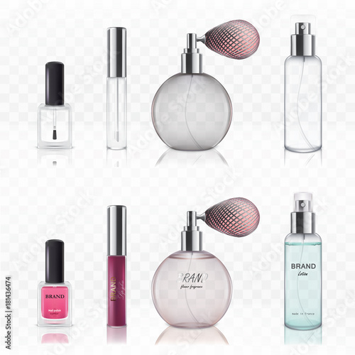 Empty and full glass cosmetic bottles for lipstick, nail polish, for perfume isolated on white background in a realistic style. Set of vector illustrations