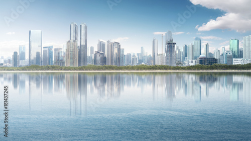 Modern cityscape with skyscraper building and reflection