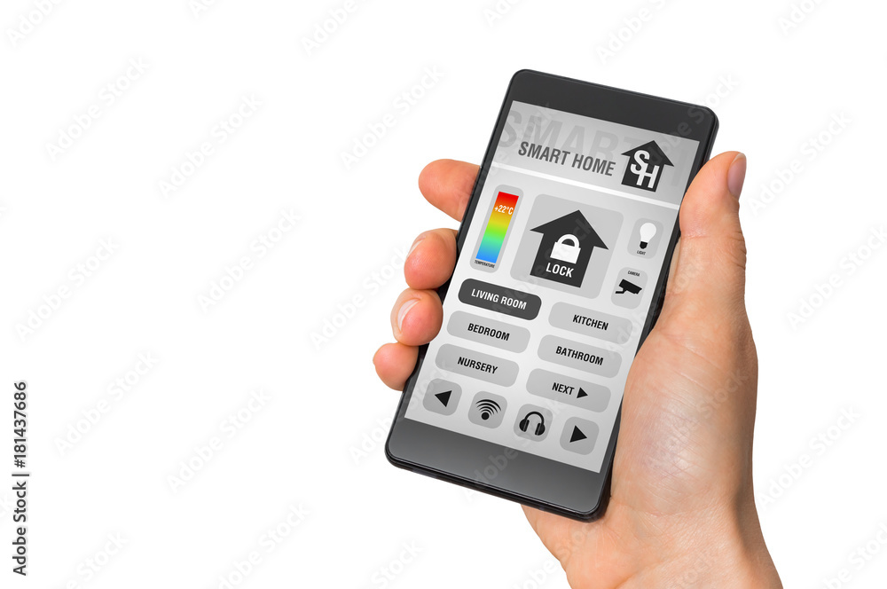 Smartphone with remote smart home control system on white Smartphone with remote smart home control system on white