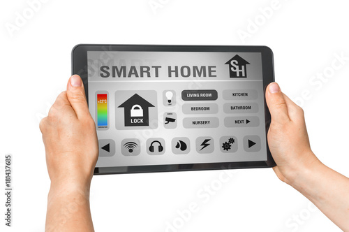 Tablet with remote smart home control system on white