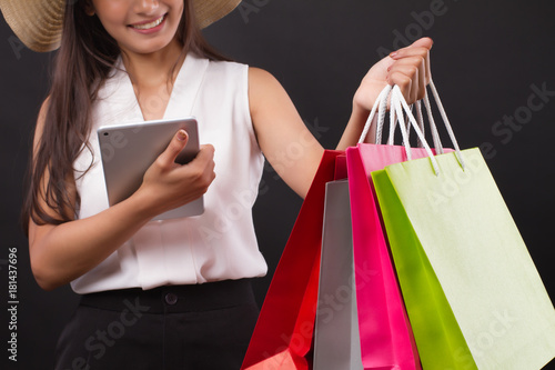 shopping woman with computer tablet, online shopping