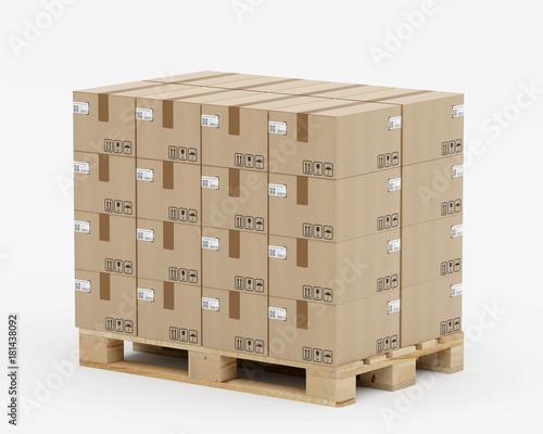 Europalette mit Kartons - in Lagen geschichtet - Eurostandard mit Etiketten - von links aufgenommen © Lichtfexx