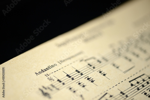 Musical tempo "Andantino" in an old music notebook close up