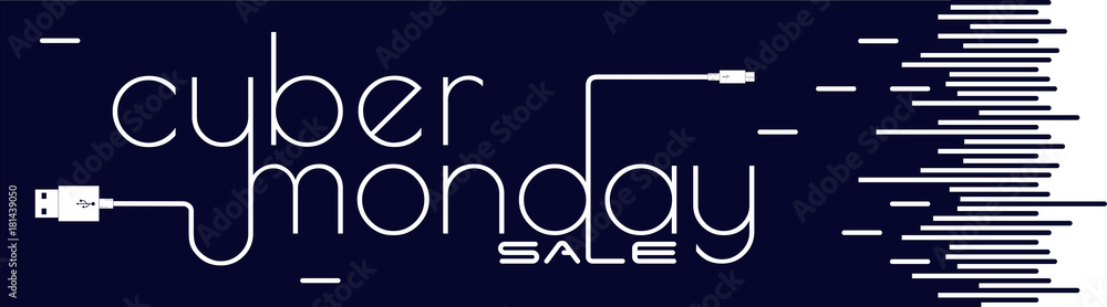Cyber ​​Monday with usb wire and the word Sale on a black background. Great sale. For advertising, for newspapers, for posters, for shops, for sale.