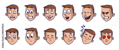 Set of head images with different emotional expressions. Emoji cartoon feces conveying verious emotions. Isolated vector illustration on white background. Comic style.