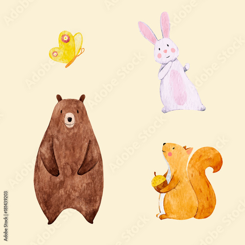 Cute watercolor animal vector set