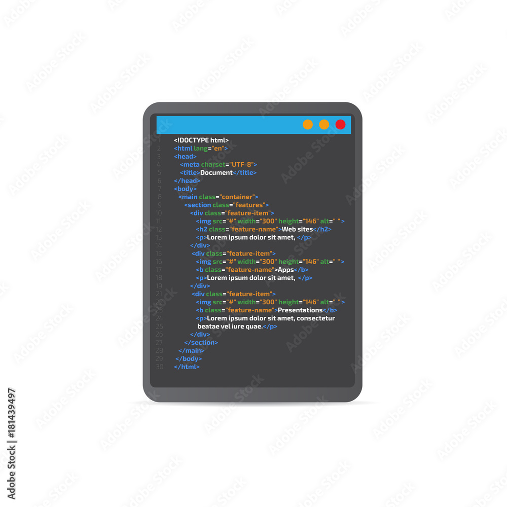 HTML code website.  Tablet coding, programming  concept. Vector illustration.