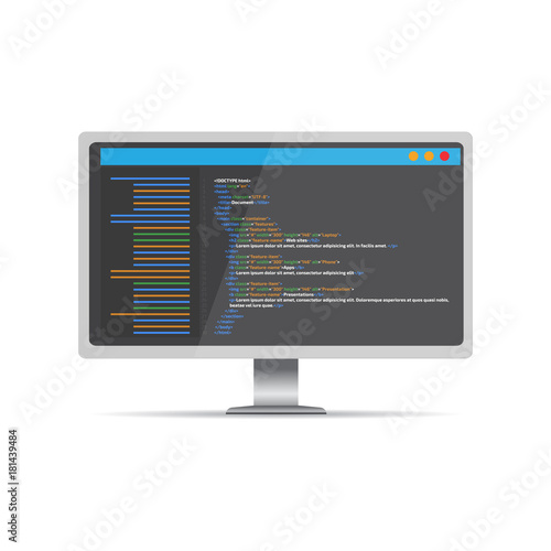 HTML code website. Desktop coding, programming  concept. Vector illustration.