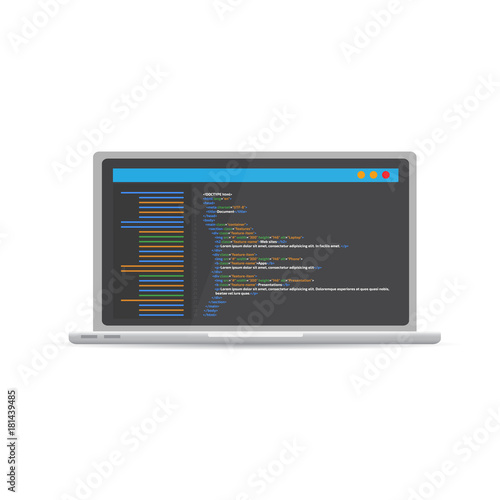  HTML code website. Laptop coding, programming  concept. Vector illustration.