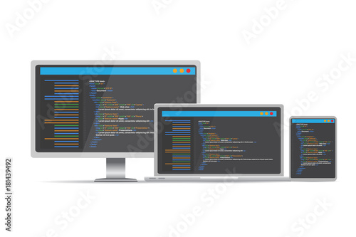 HTML code website. Laptop, desktop, tablet coding, programming  concept. Vector illustration.