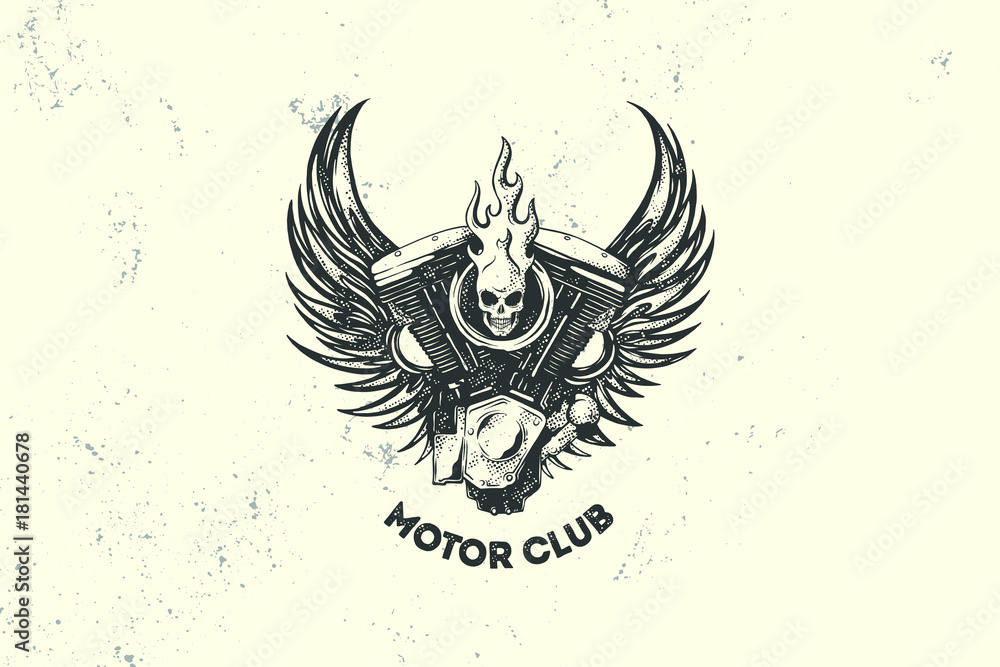 Vintage Motor Club Sign and Label with motor, skull and wings. Emblem of bikers and riders.