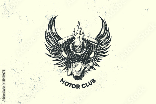 Vintage Motor Club Sign and Label with motor, skull and wings. Emblem of bikers and riders.