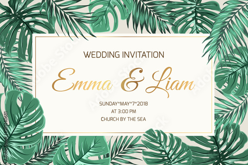 Wedding marriage event invitation card template. Exotic tropical jungle rainforest bright green palm monstera leaves border frame. Horizontal landscape layout. Shiny gold gradient text placeholder.
