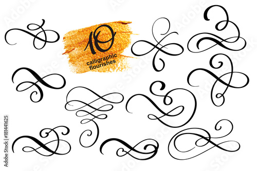 Vector set of calligraphic design flourish elements and page decorations. Elegant collection of hand drawn swirls and curls for your design photo