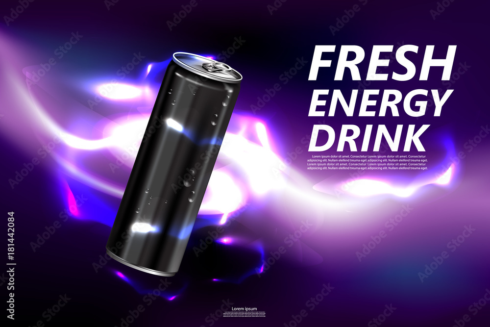 Fresh energy drink in can with purple background, Package and Energy drink product poster Fresh energy drink in can with purple background, Package and Energy drink product poster