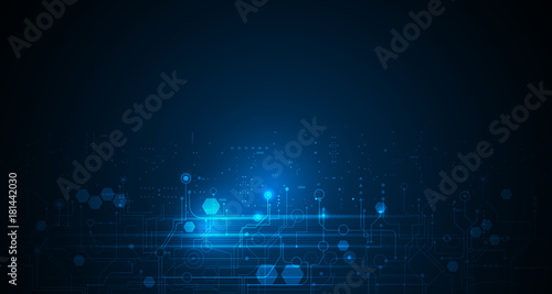 Vector illustration circuit board and hexagons background. Hi-tech digital technology and engineering, digital telecom technology concept. Vector abstract futuristic on dark blue color background