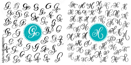 Set letter G and H. Hand drawn vector flourish calligraphy. Script font. Isolated letters written with ink. Handwritten brush style. Hand lettering for logos packaging design poster.
