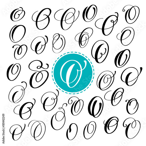 Set letter O. Hand drawn vector flourish calligraphy. Script font. Isolated letters written with ink. Handwritten brush style. Hand lettering for logos packaging design poster.