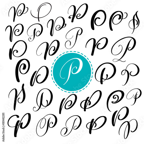 Set letter P. Hand drawn vector flourish calligraphy. Script font. Isolated letters written with ink. Handwritten brush style. Hand lettering for logos packaging design poster.
