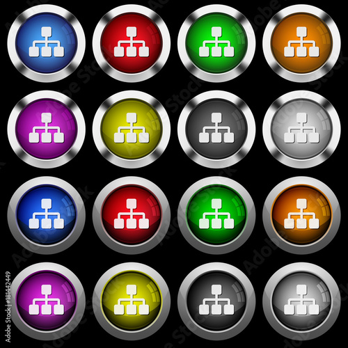 Network white icons in round glossy buttons on black background