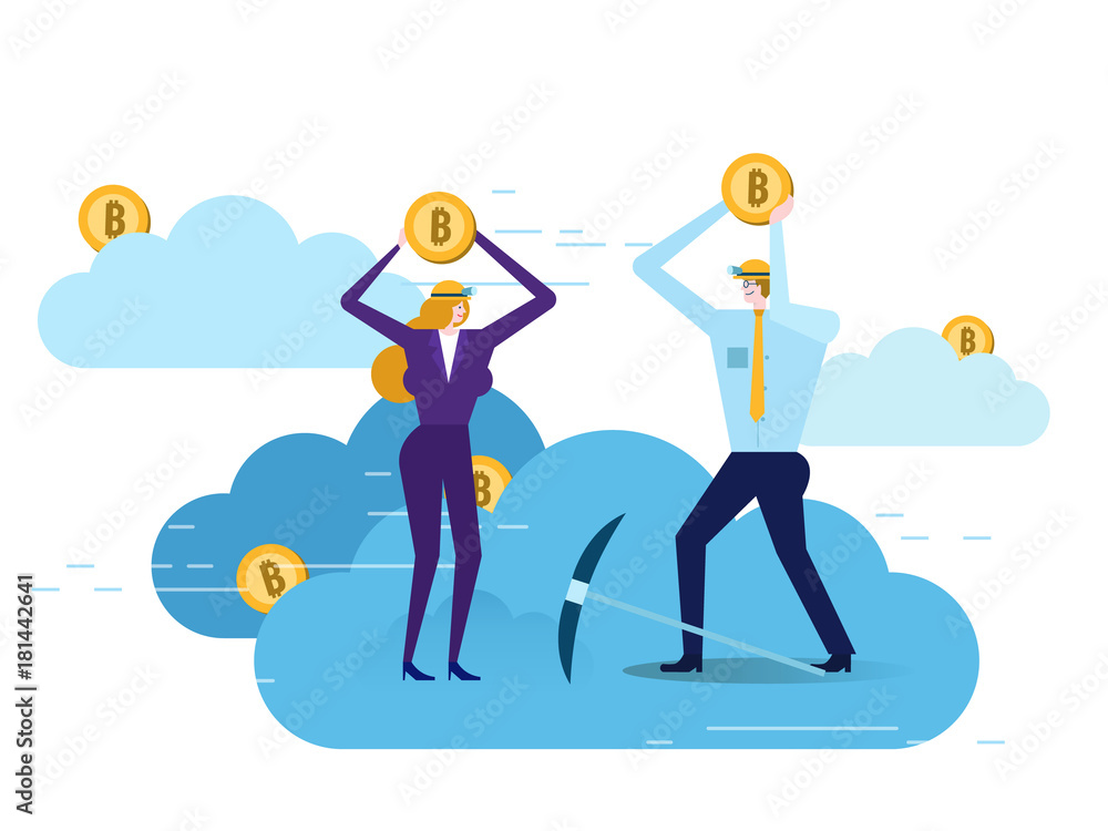 Business people with jackhammer working in bitcoin mine on cloud. Flat design elements. vector illustration