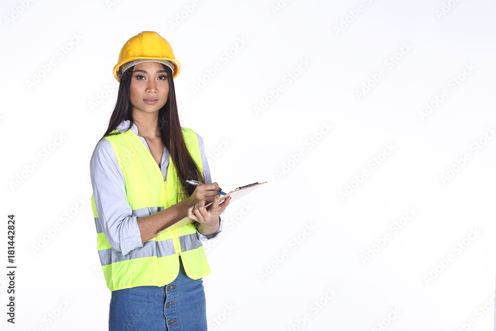 Fototapeta premium Beautiful Asian Architect Engineer woman in yellow hard hat