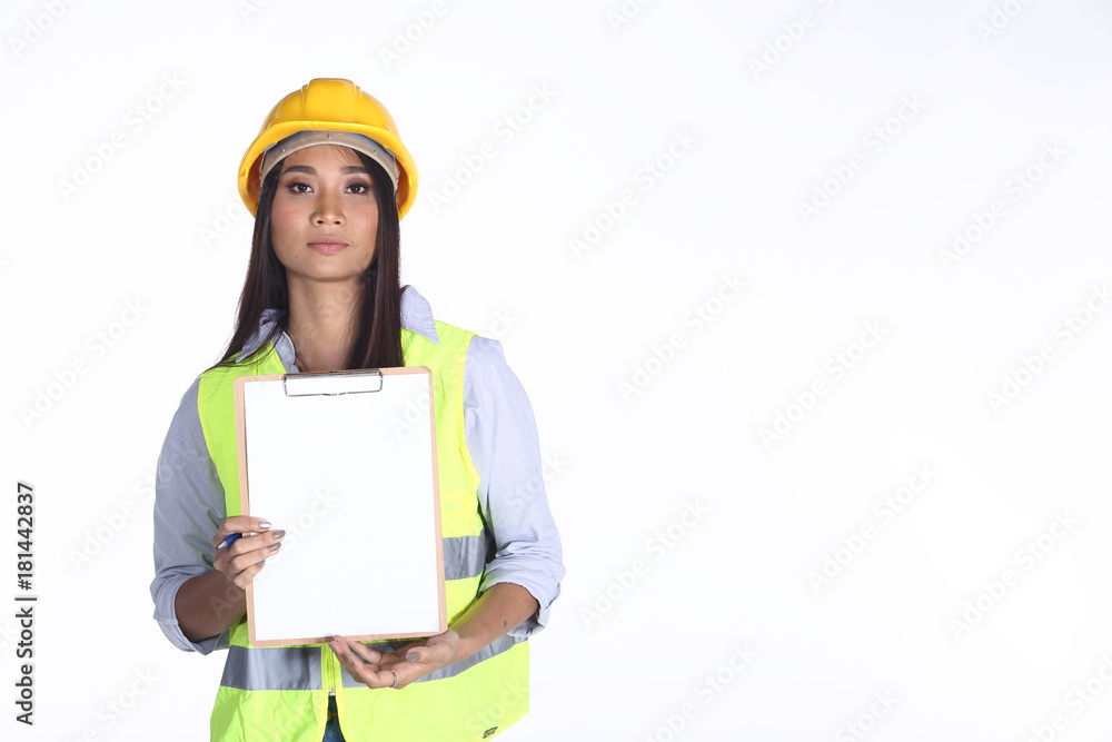 Beautiful Asian Architect Engineer woman in yellow hard hat Beautiful Asian Architect Engineer woman in yellow hard hat