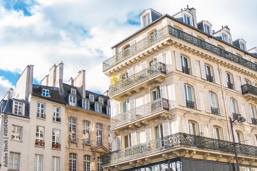 Paris, typical facades in the center, beautiful buildings 
