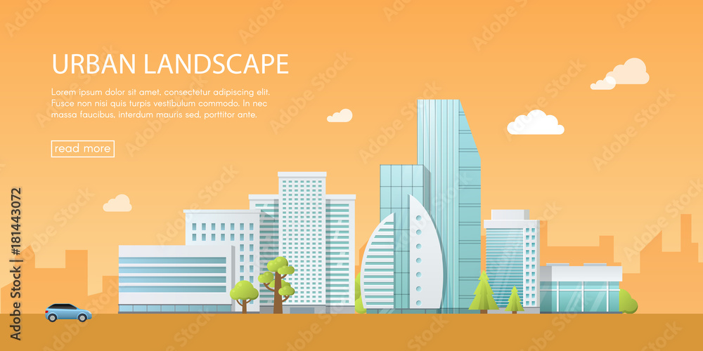 Web banner modern vector illustration of urban landscape with buildings, shop and stores, transport. Flat city on orange background.