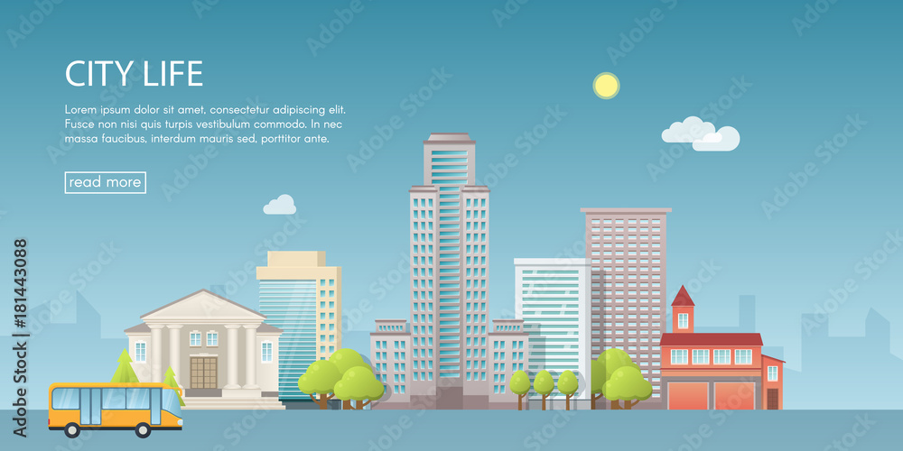 Web banner modern vector illustration of urban landscape with buildings, shop and stores, transport. Flat city on blue background.