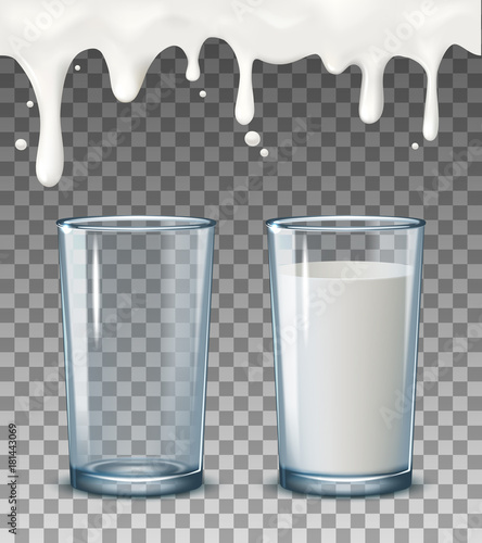 Realistic transparent glasses, to pour milk splash, full and empty glass, dripping liquid drips seamless on a transparent background.