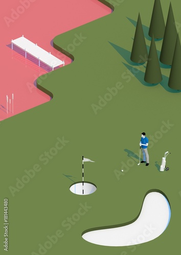Illustration of a man playing golf at a golf course (ID: 181443480)