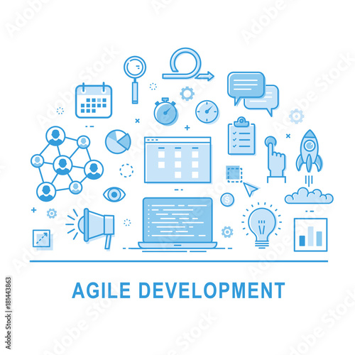Agile development vector. Concept illustration with icons with thin line design. Icon set of production management. Symbol collection for infographic.