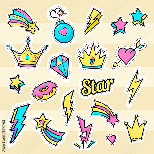 Crown, star, lightning patch vectors. Set of badges with bomb, star word, hearts, diamond and donut. Hand drawn fashion stickers, icons, logos, elements.