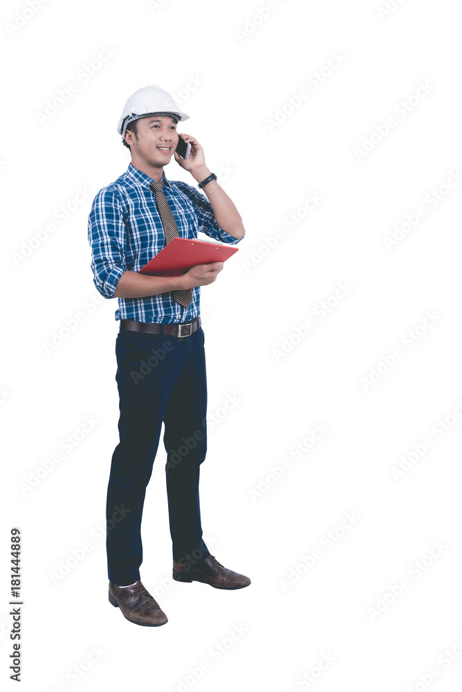 An Asian architect wearing a white helmet is communicating with a job and having a red file in his hand. On a white background isolated.