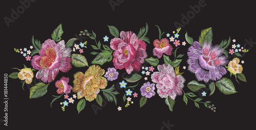 Embroidery traditional floral pattern with roses. Vector embroidered bouquet with flowers for wearing design.