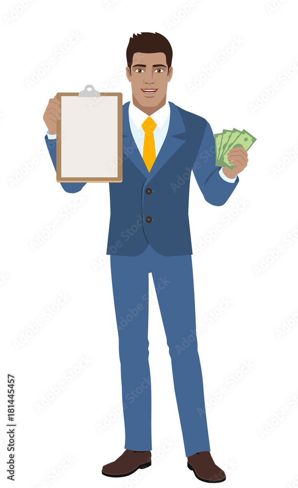 Businessman with money holding the clipboard Businessman with money holding the clipboard