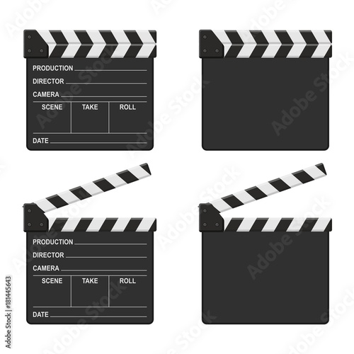 Film clapper board set isolated on white background. Blank movie clapper cinema vector illustration